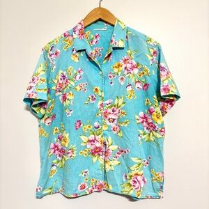 Jones New York Floral Turquoise Blue Linen Button Down Shirt
